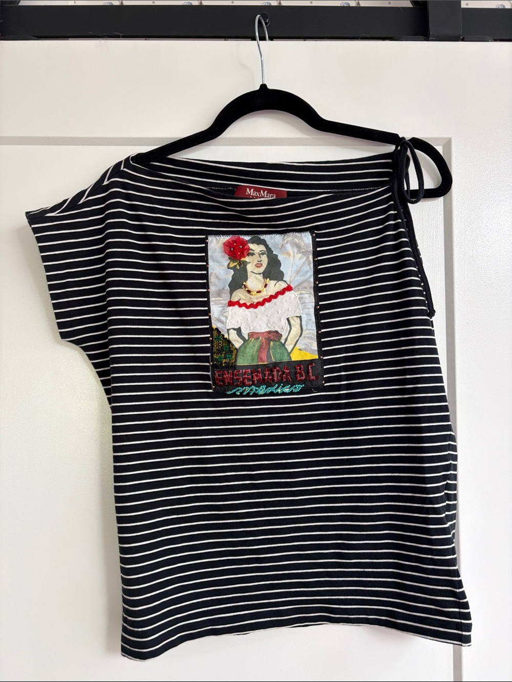 MaxMara Black and White Striped One-Shoulder Tee with Embroidered Portrait Patch